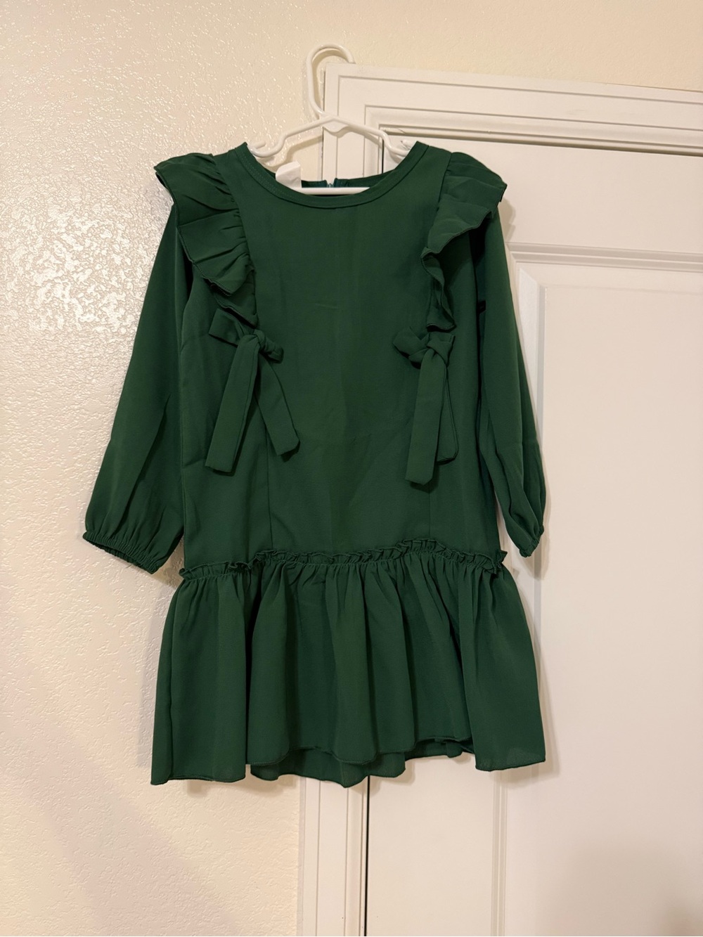 Girls Emerald Ruffle-Trim Long Sleeve Dress with Ties